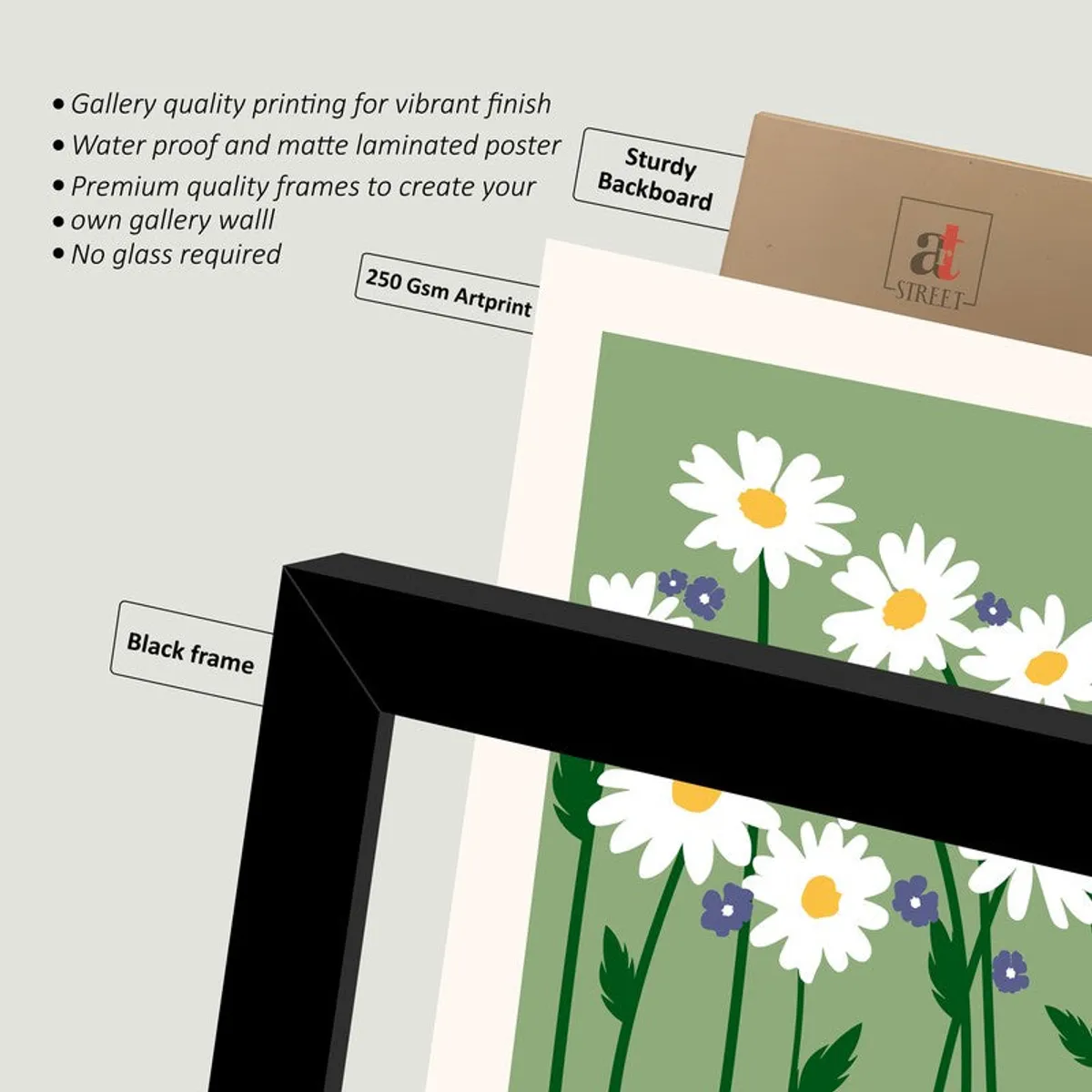 Close-up graphic of black frame corner, art print and backboard