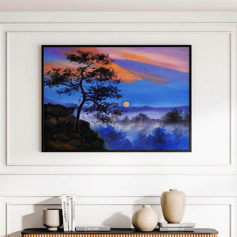Tree On The Mountain Canvas Wall Painting - Black Frame