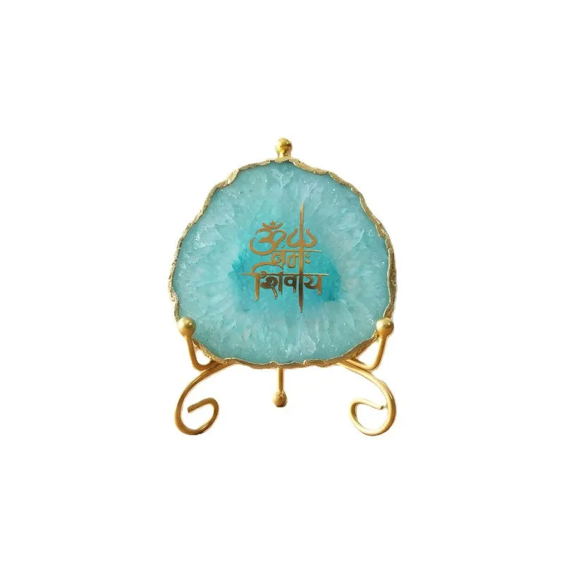 Om Namah Shivay Agate Showpiece With Stand - Blue media 3