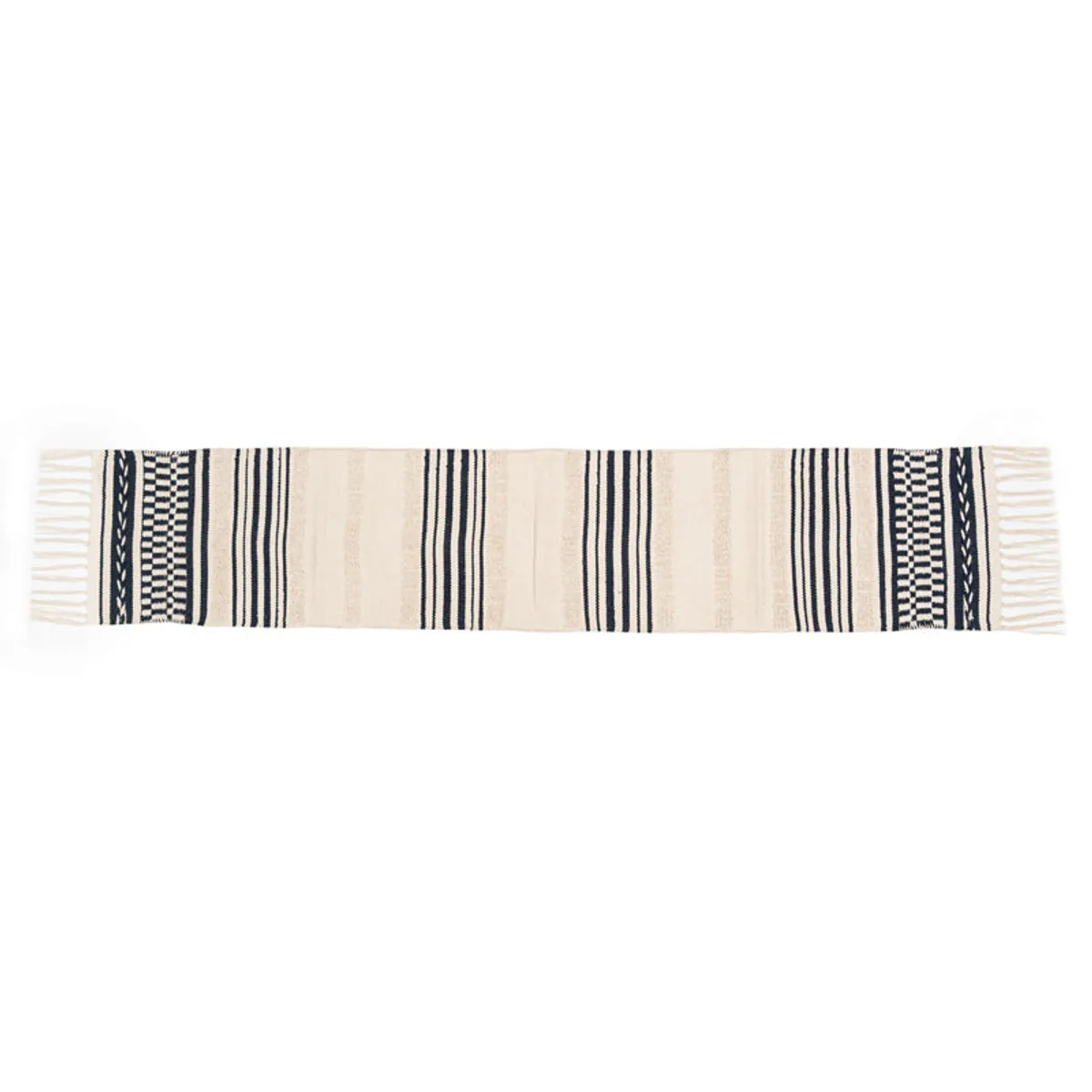 Full rectangular table runner with striped borders and fringed ends