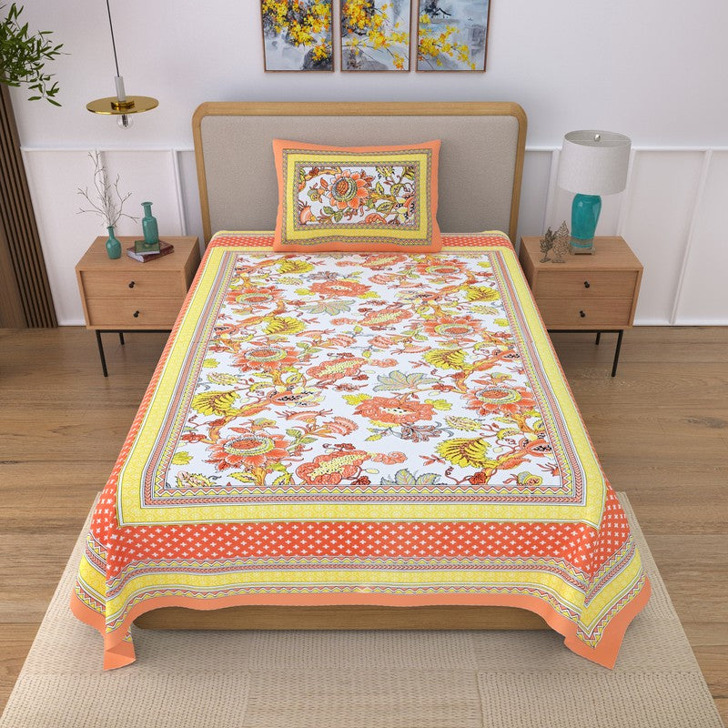 Fabrixa Floral Cotton Bedsheet (Yellow & Orange) - 240 TC
