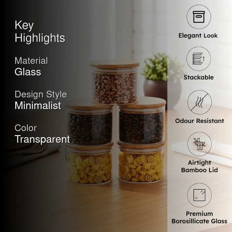 Five transparent jars with bamboo lids shown in a kitchen setting with feature highlights.