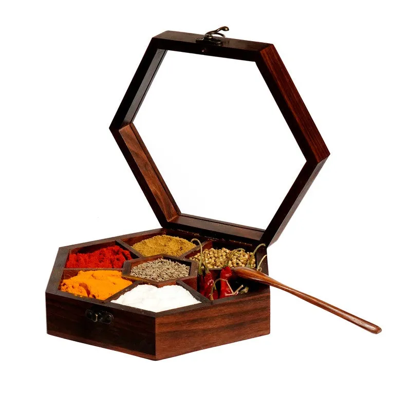 Rasoi Sheesham Wood Hexagon Masala Box - Two Piece Set media 4