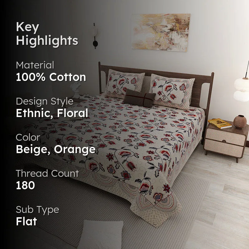Aishaani Ethnic Cotton Bedsheet (Beige,Orange) - 180 TC media 2