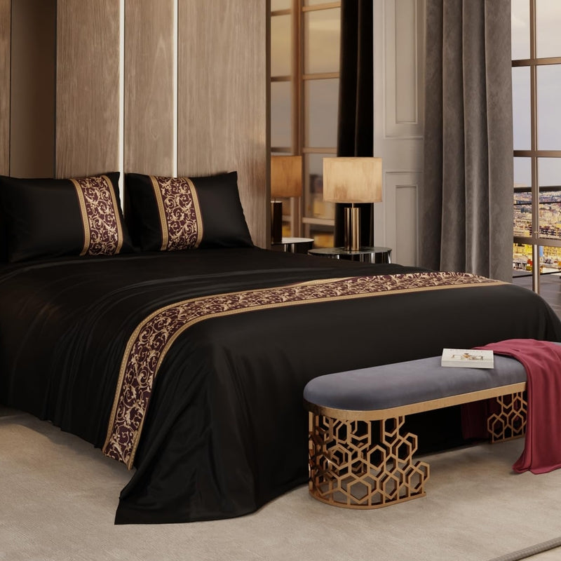Versailles Satin Bedsheets(Black,Gold) - 150 GSM
