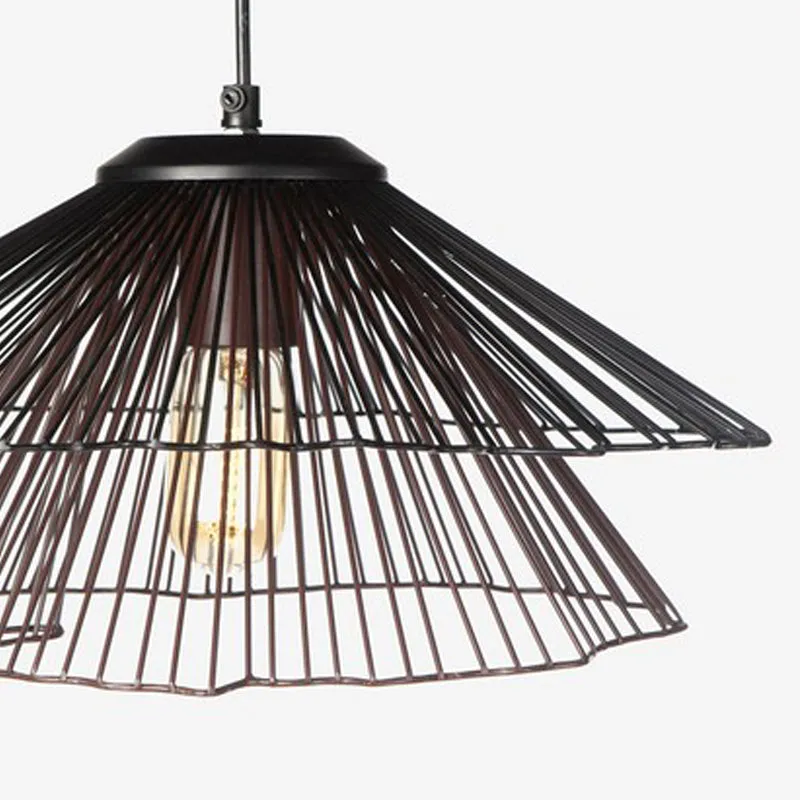 Close-up of black layered wire ceiling lamp with exposed bulb