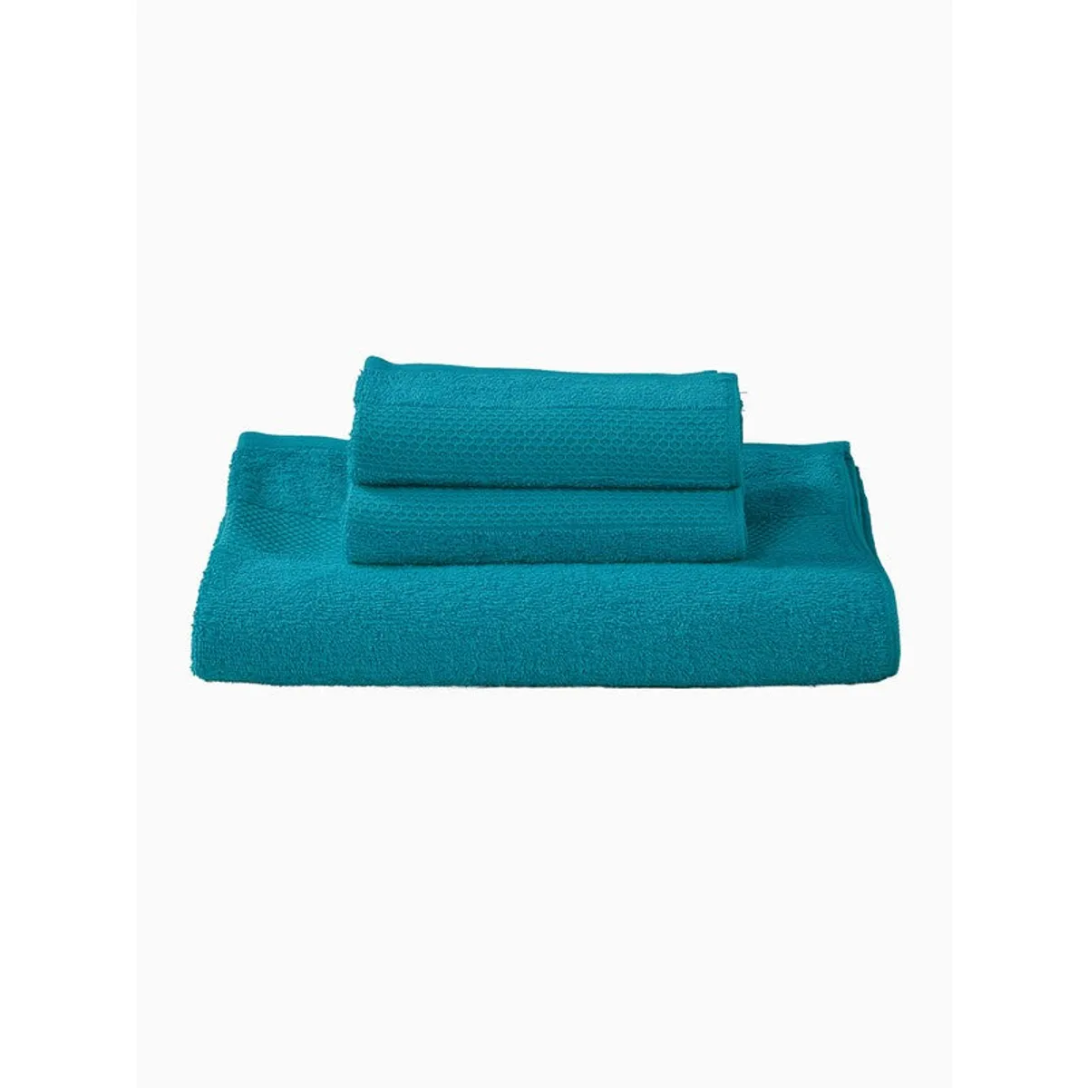 Stacked blue towels on a plain white background