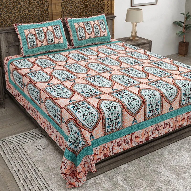 Rangza Cotton Bedsheet (Peach,Green) - 240 TC media 1