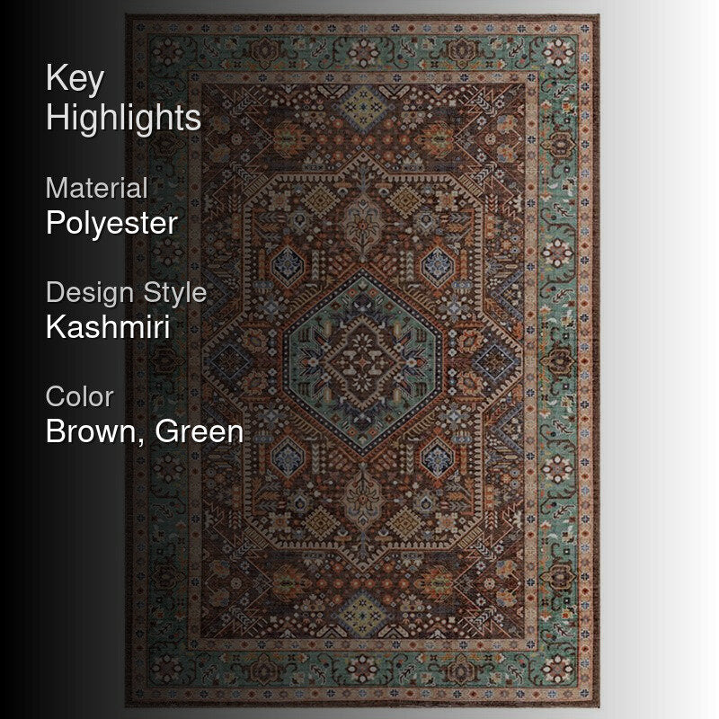 Noah Ethnic Polyester Carpet - Brown & Green media 2