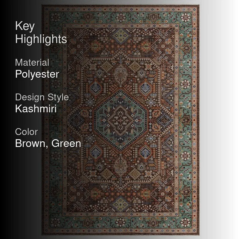 Noah Ethnic Polyester Carpet - Brown & Green media 2