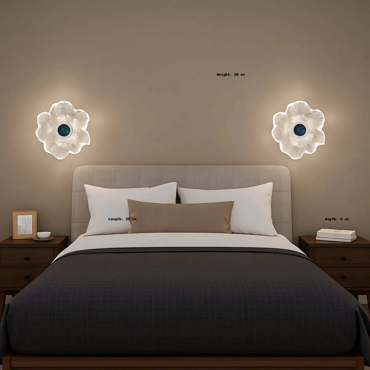 Two flower-shaped wall lamps glowing above a bed in a bedroom