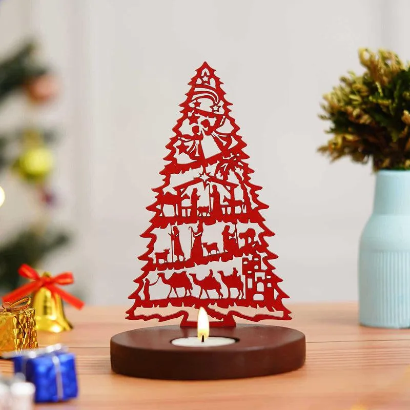 Manger & Tree Wood Christmas Tea Light Holder - Red media 3