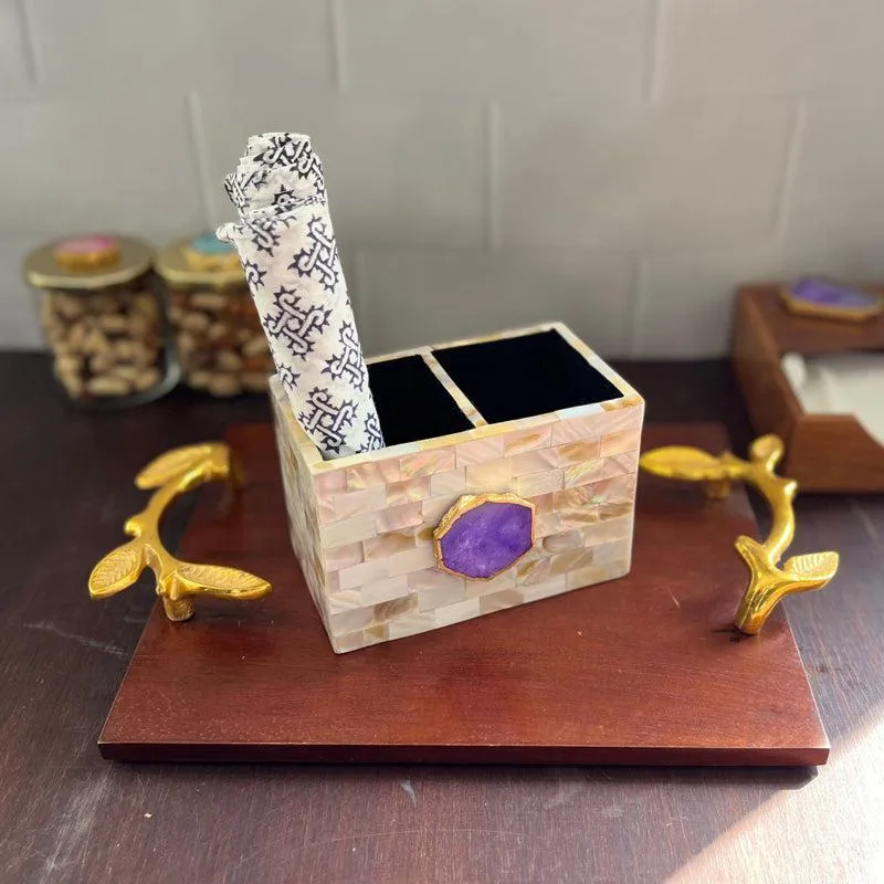 Suzzaine Handcrafted Mother Of Pearl & Agate Cutlery Holder - Purple & Beige media 3