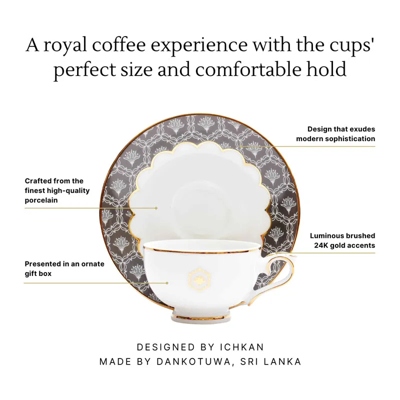 Gilded Legacy 24k Gold Brushed Porcelain Tea Cup & Saucer (Grey/ 280 mL) - Set of Six media 6