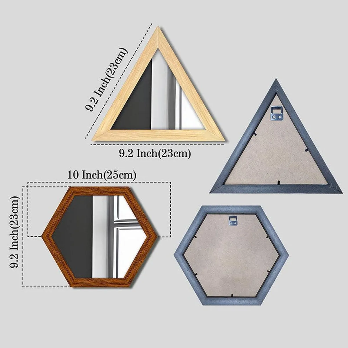 Triangle and hexagon mirror set with front and back views
