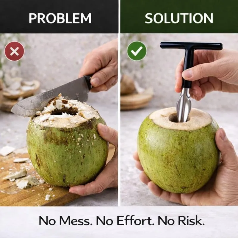 Side-by-side visual comparing a coconut opened with a knife and the opener