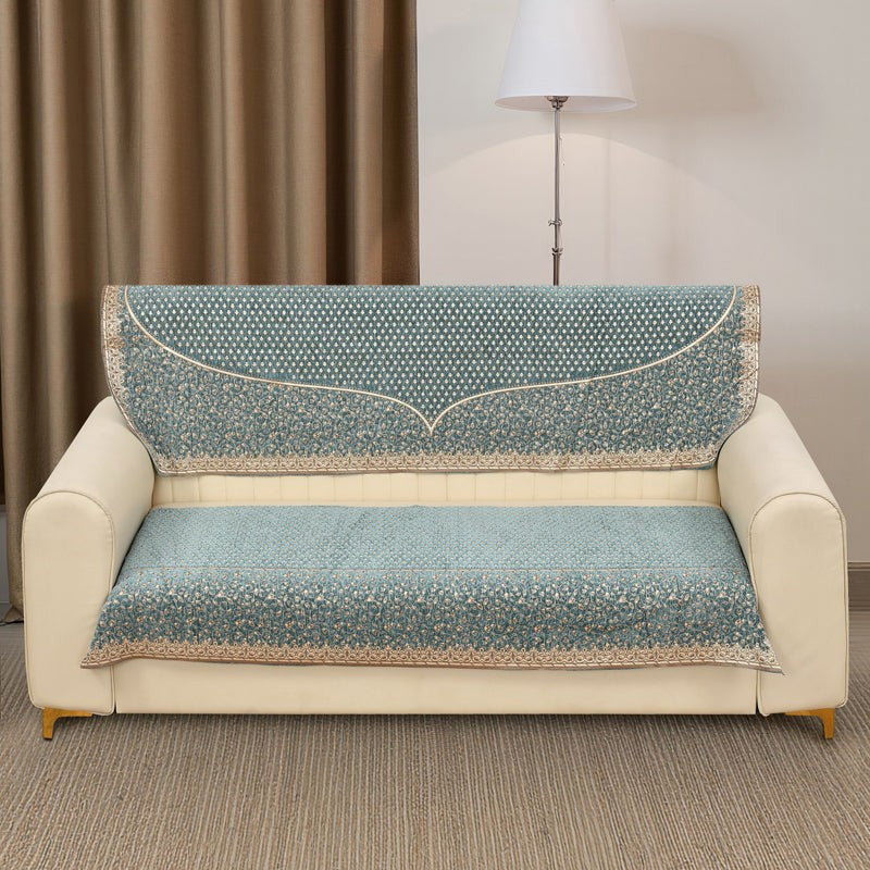 Petite Leaves Chenille Sofa Cover - Blue media 3