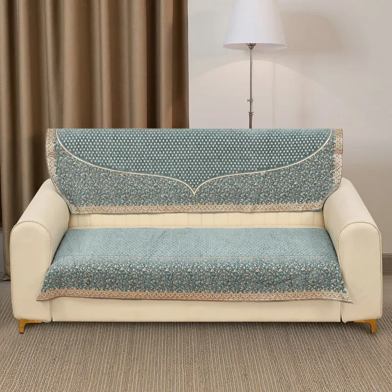Petite Leaves Chenille Sofa Cover - Blue media 3