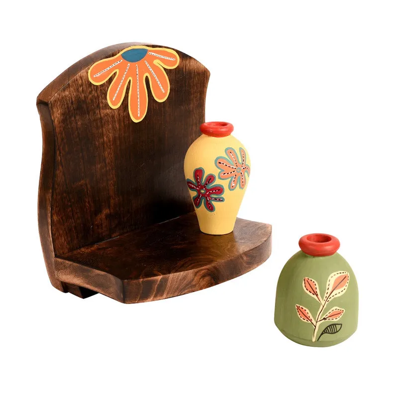 Faria Terracotta & Wood Wall Shelve With Pot - Three Piece Set media 3