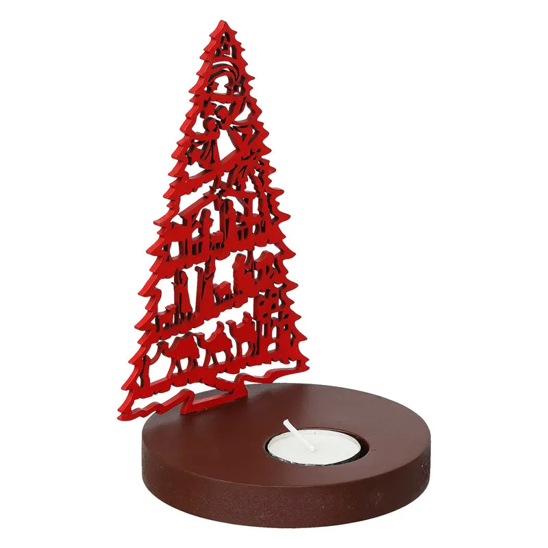 Manger & Tree Wood Christmas Tea Light Holder - Red media 5