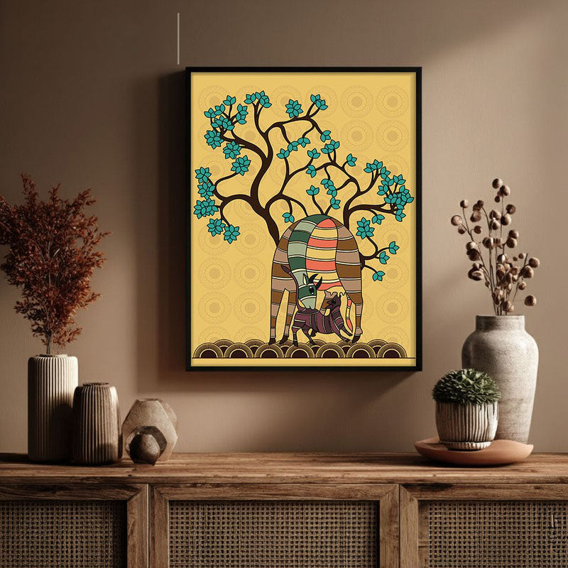 Deer And Fawn Framed Gond Canvas Wall Painting media 3
