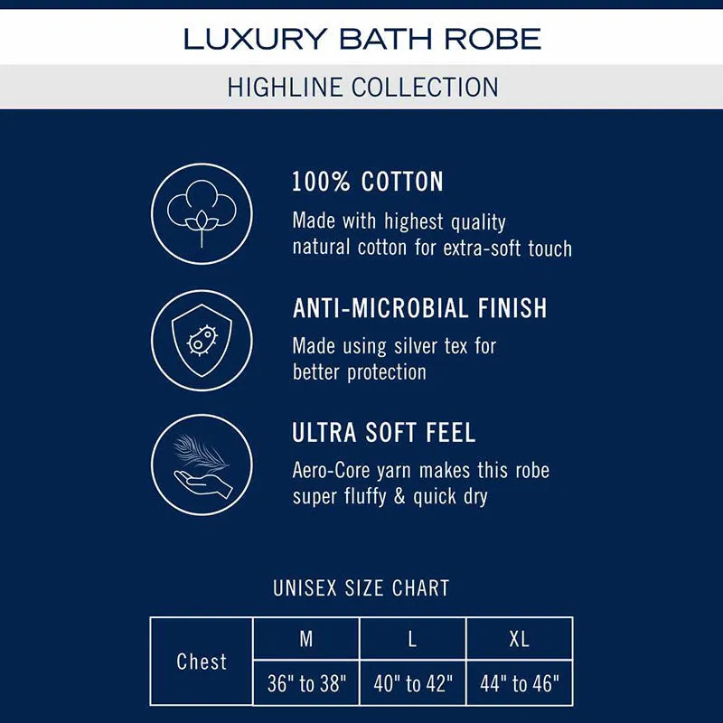 Navy blue bath robe shown with cotton and care highlight graphic