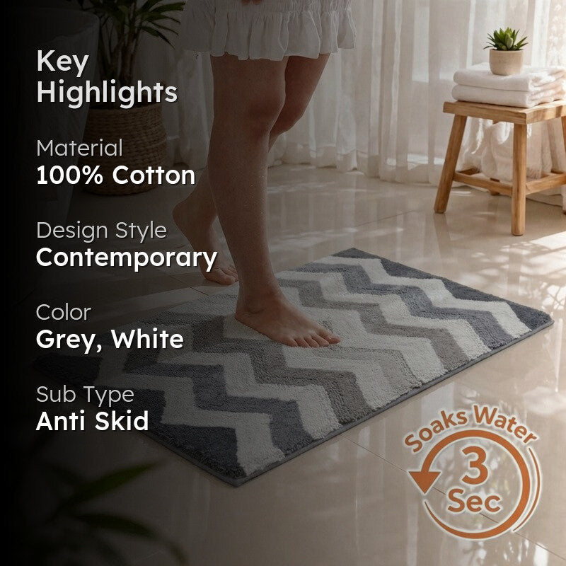 Steplyn Chevron Cotton Bath Mat - Grey & White media 2