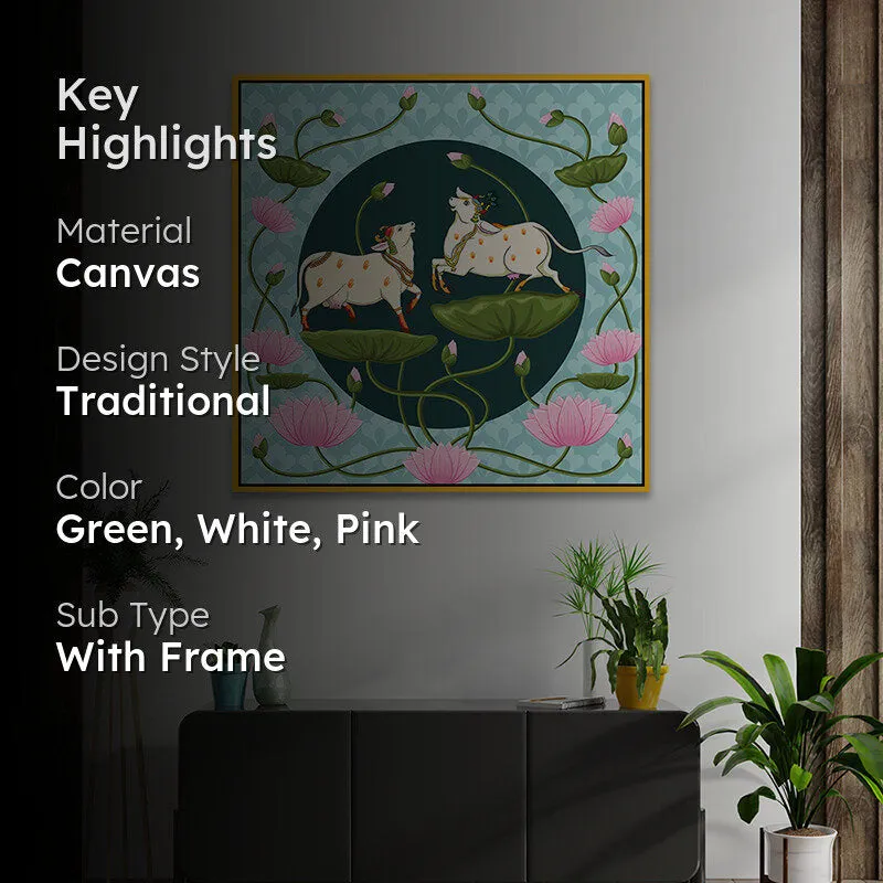 Lotus Pastures Canvas Wall Painting With Frame - Gold media 2