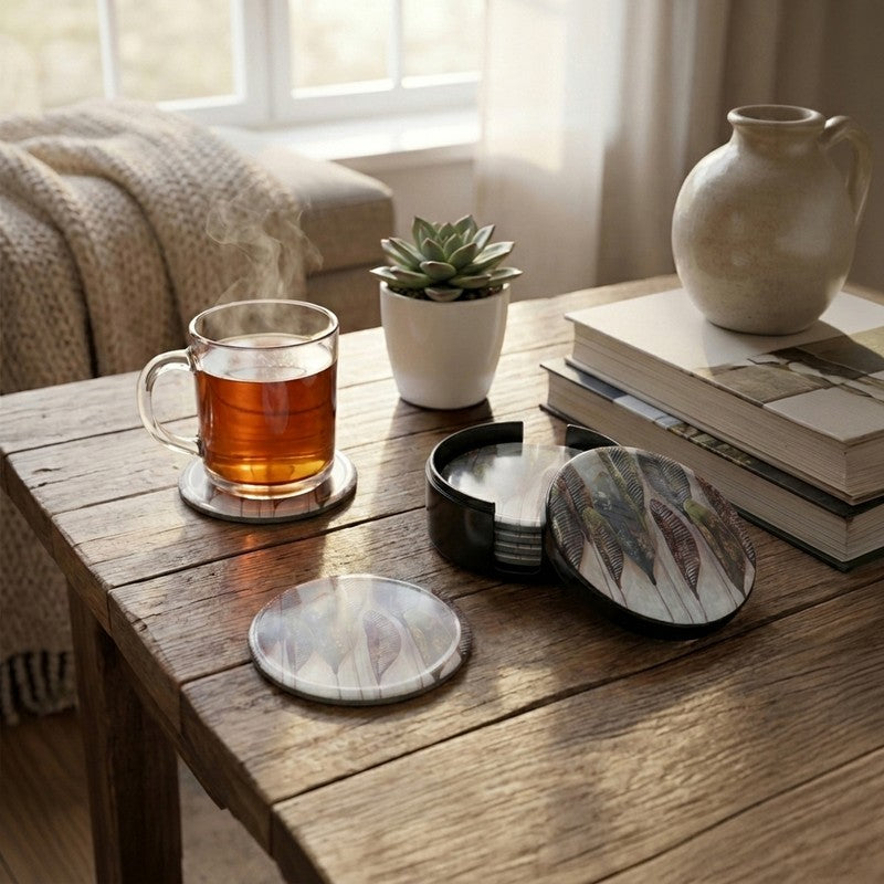Layla Leave on Black Melamine Coaster Set - Eight Piece Set