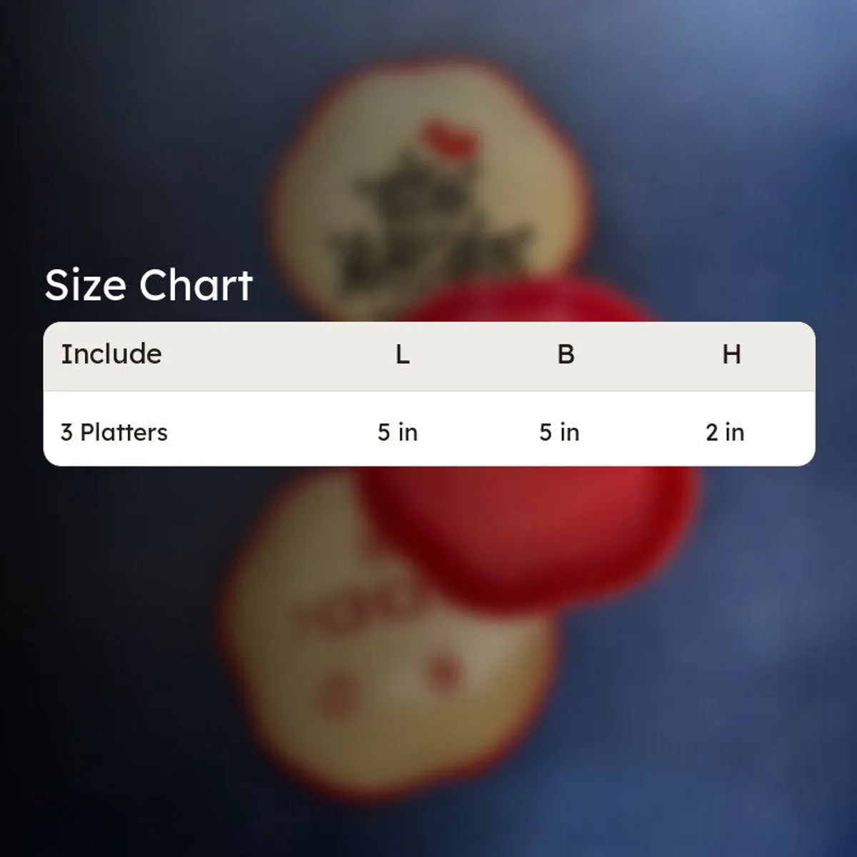 Three festive ceramic platters shown in a size chart image