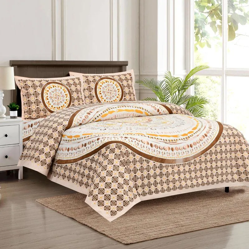 Mekhala Ethnic Cotton Flat Bedsheet (White & Brown) - 160 TC media 7