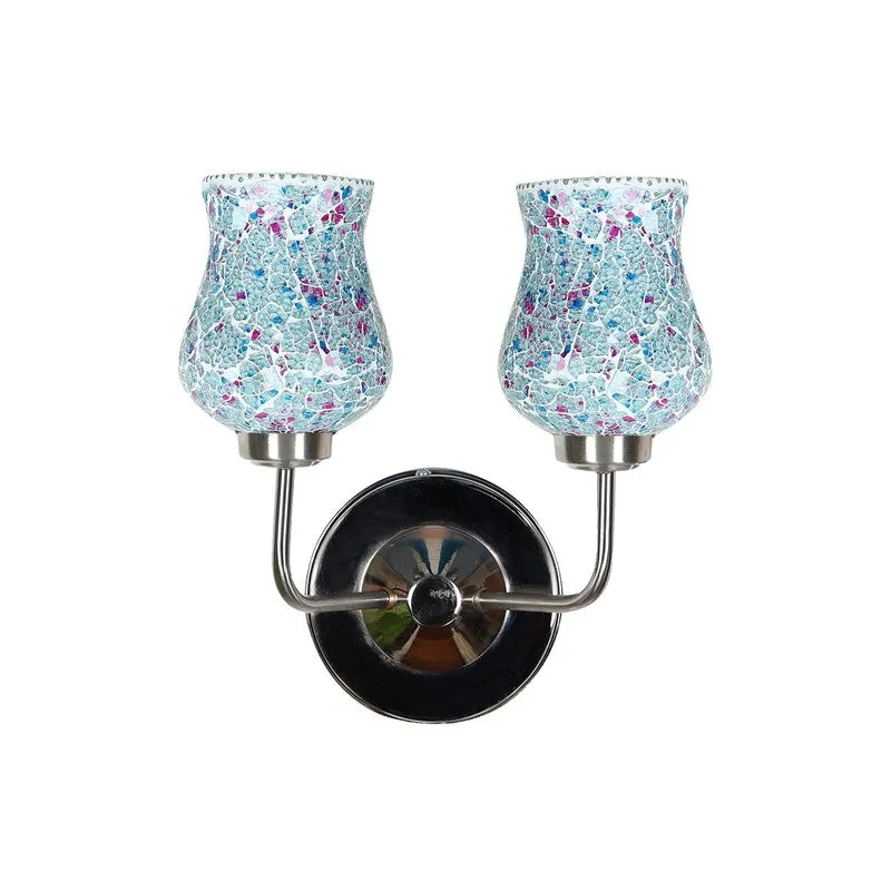 Front view of blue crackle glass double wall lamp with round steel mount