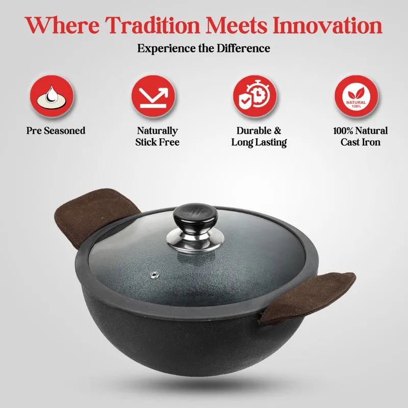 Vinod Fayric Cast Iron Kadhai With Lid- 3300 mL/12 Inches - 6