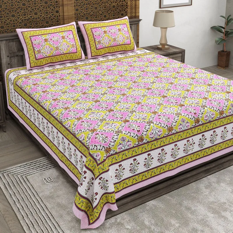 Royala Cotton Bedsheet (Yellow,Pink) - 240 TC media 1