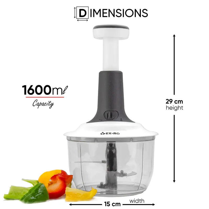 Manual chopper with clear bowl, white handle and grey base shown with dimension arrows