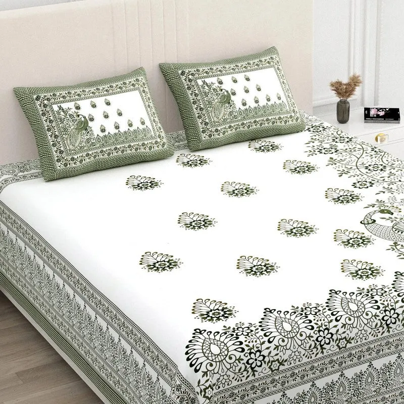 Nestor Cotton Bedsheet (White,Olive Green) - 240 TC media 3