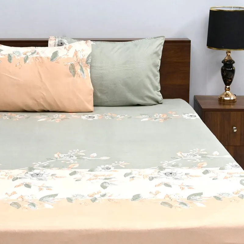 Dayita Floral Microfiber Bedsheet (Green & Peach) - 110 GSM media 1