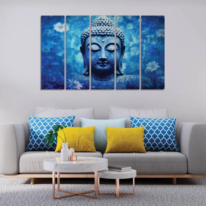 Blue Buddha Wall Painting - Set Of Five media 3