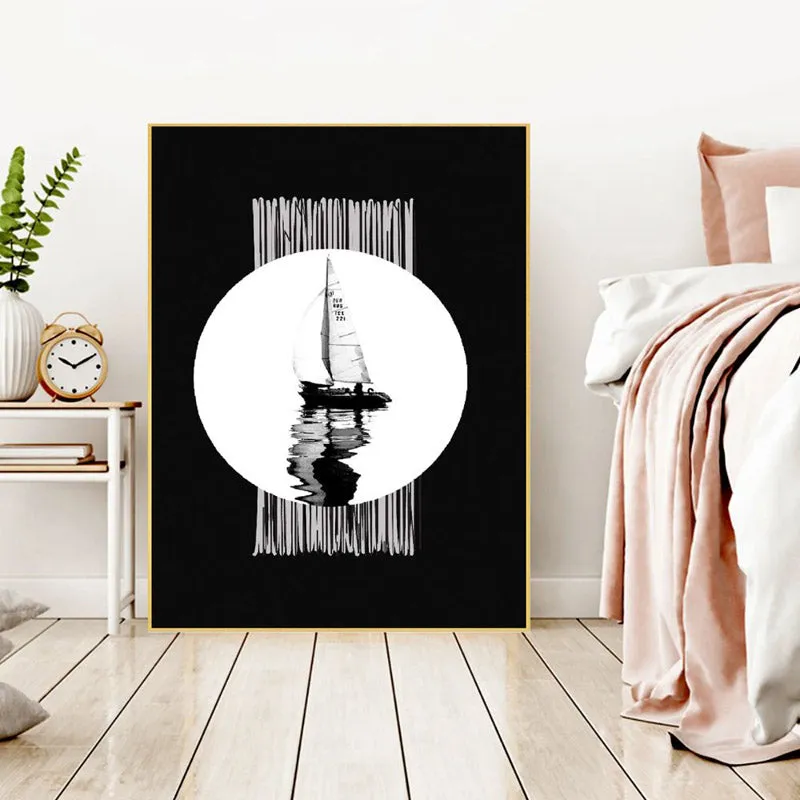 Monochrome Sea Sail Wall Painting With Frame media 3