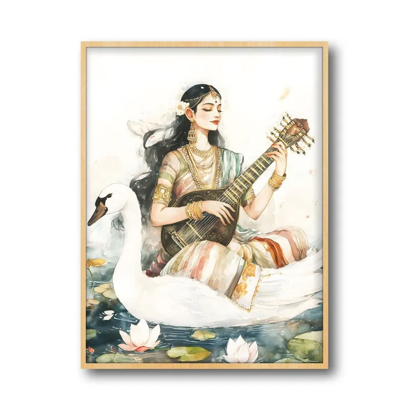 Hamsavahini Saraswati Spiritual Archival Paper Wall Painting - Natural Brown Frame media 5