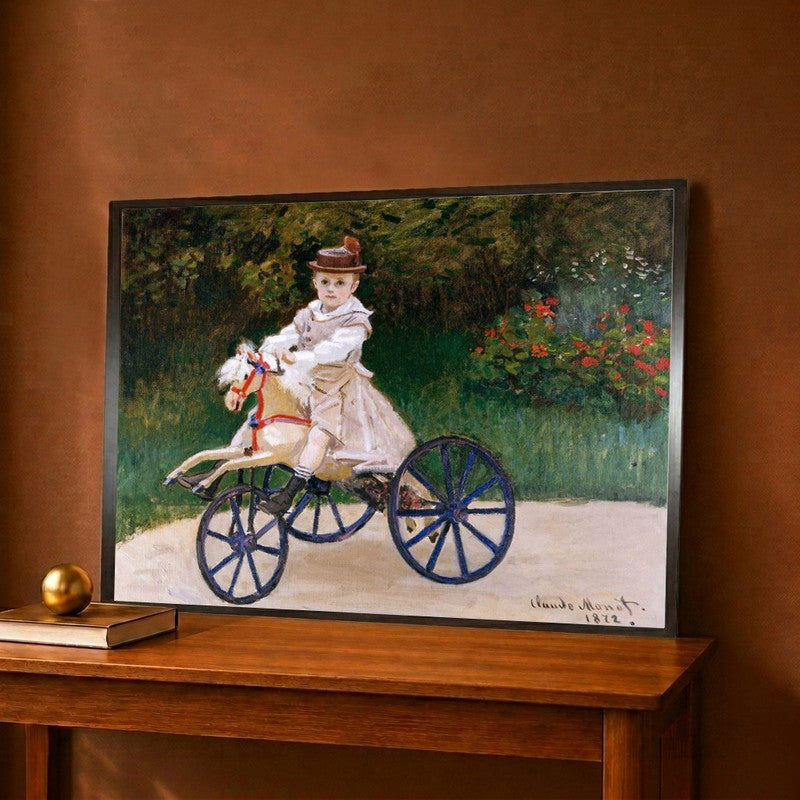 Jean Monet On A Mechanical Horse Canvas Wall Painting - 12 x 9 Inches