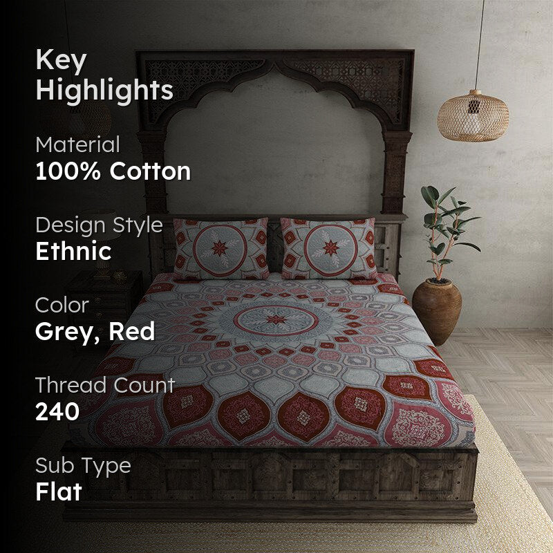 Navaj Mandala Cotton Bedsheet (Grey,Red) - 240 TC media 2