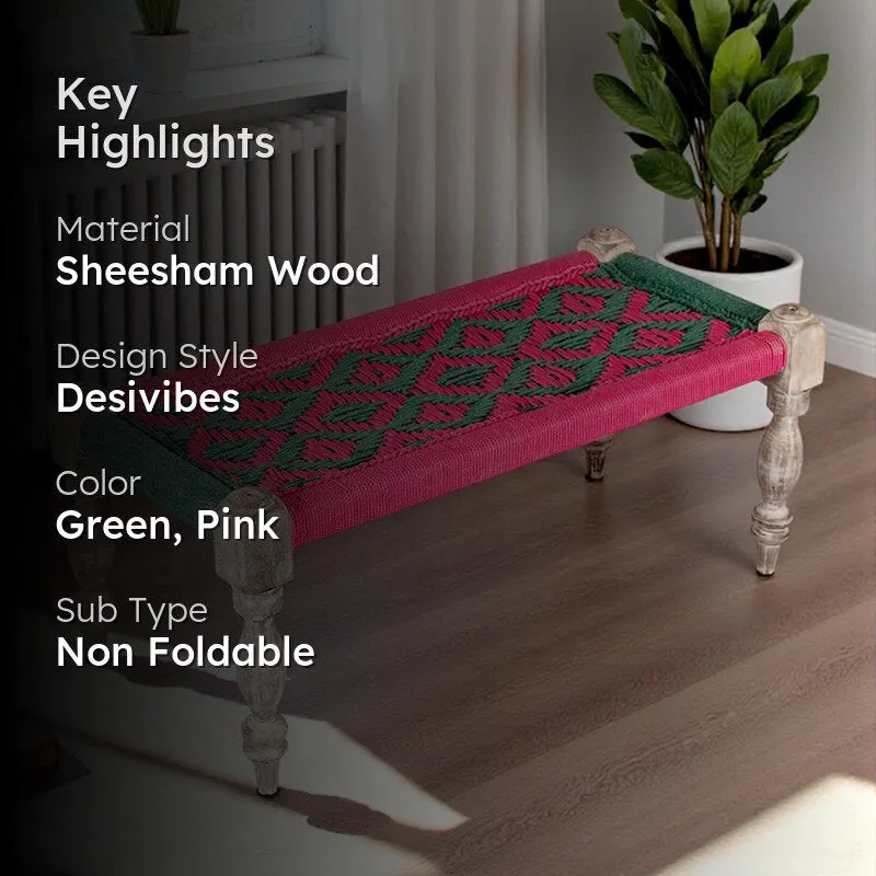 Foxen Sheesham Wooden Bench - Green,Pink media 2