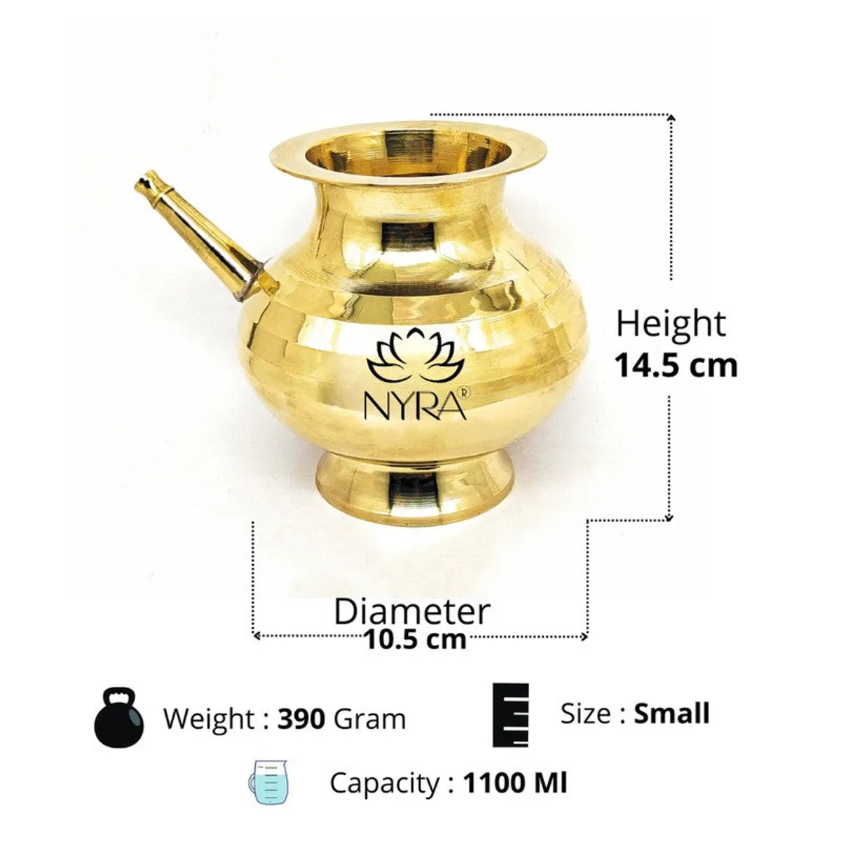 Gold Kalash shown with visible height and diameter measurement markings