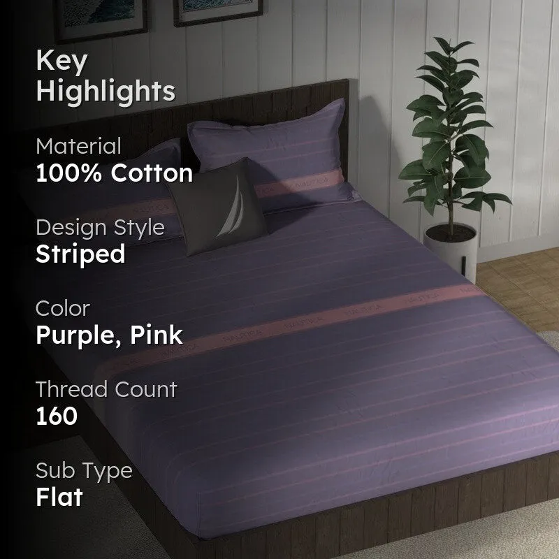 Purple striped bedsheet with key highlights text overlay