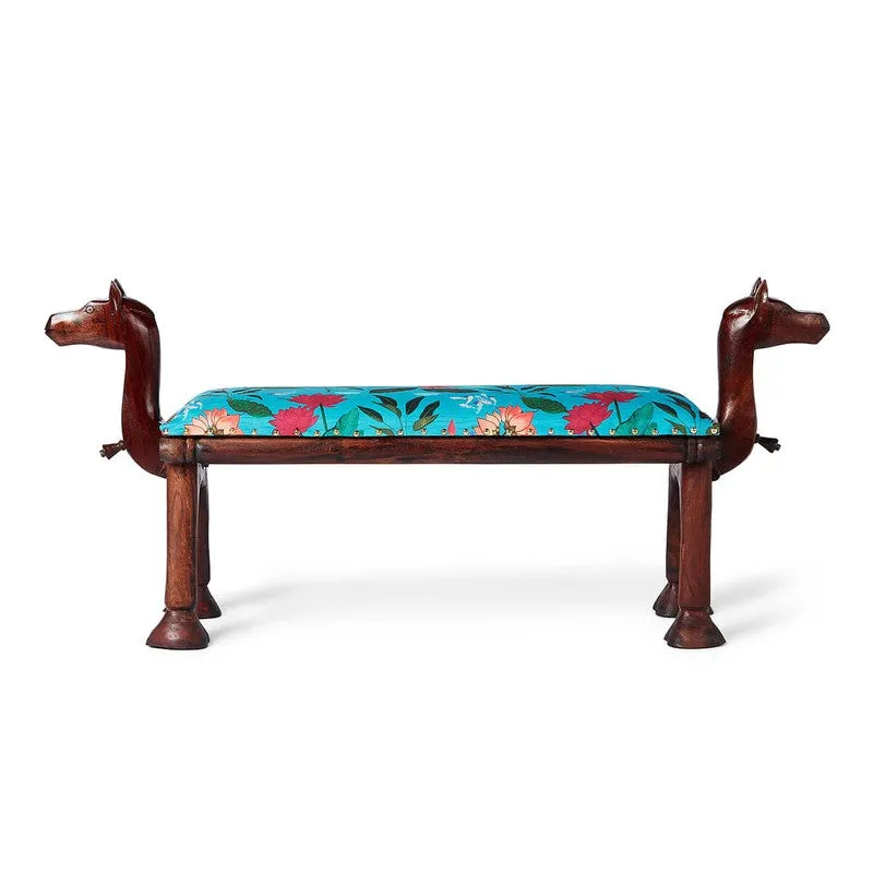 India Circus Acacia Wood Blossomy Mosaic Wooden Camel Bench media 4