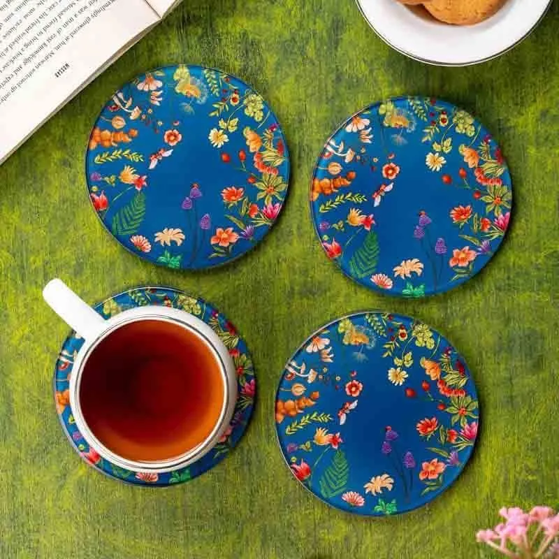 Floral Bliss Blue Round Glass Coasters - Set Of Four media 1