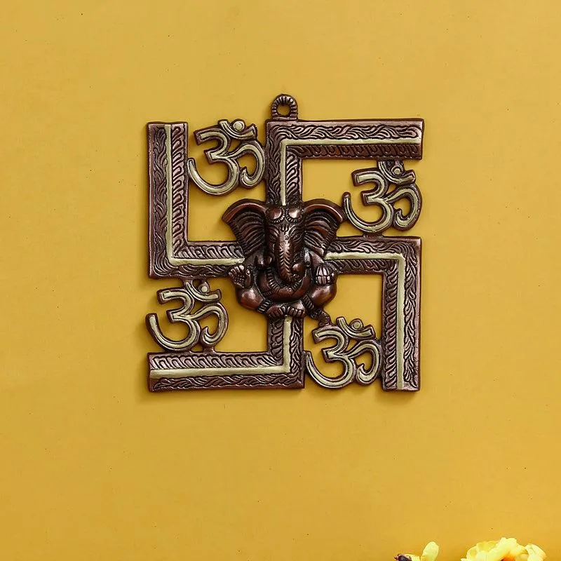 Swastika Om Religious Metal Wall Accent - Brown & Gold media 1