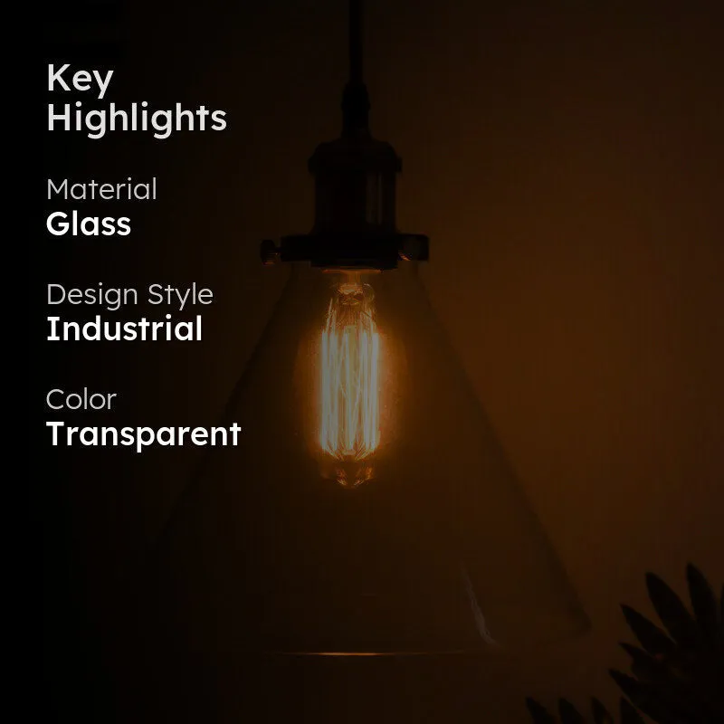 Industrial glass ceiling lamp lit against a dark background