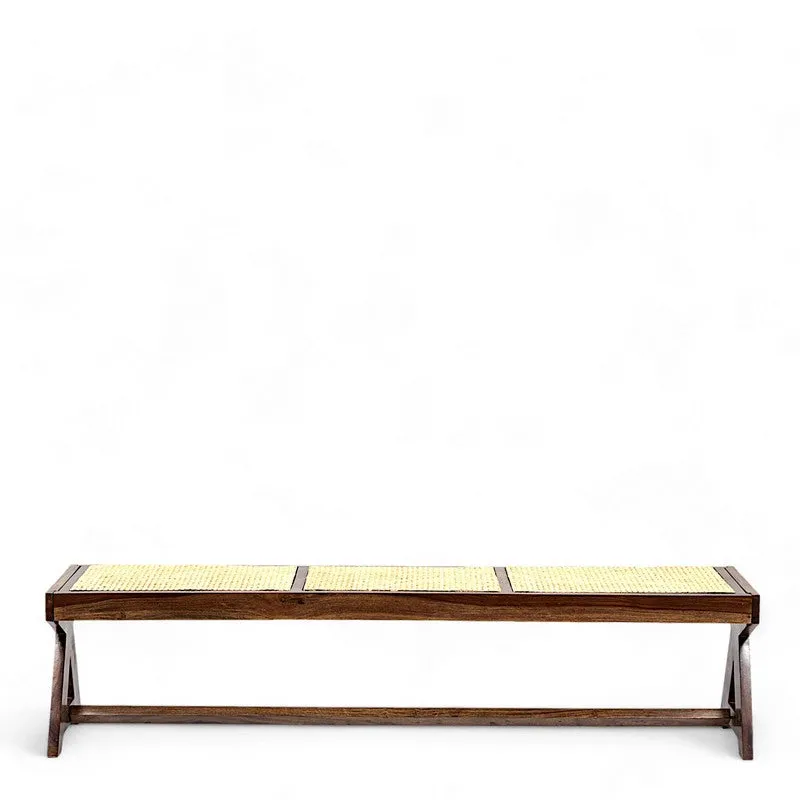 Long wooden bench with beige woven cane seat and angled legs